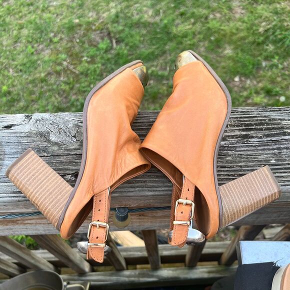 Aldo Brown Genuine Leather Peep Toe Chunky Heel Ankle Strap Size 8.5 Wood Heel - Picture 10 of 12